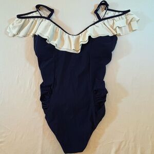 Profile by Gottex Navy White Ruffle One Piece Swimsuit Size 16